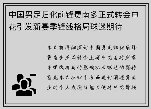 中国男足归化前锋费南多正式转会申花引发新赛季锋线格局球迷期待