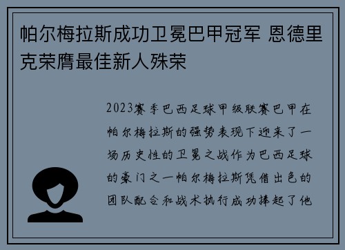 帕尔梅拉斯成功卫冕巴甲冠军 恩德里克荣膺最佳新人殊荣 帕尔梅拉斯成功卫冕巴甲冠军 恩德里克荣膺最佳新人殊荣